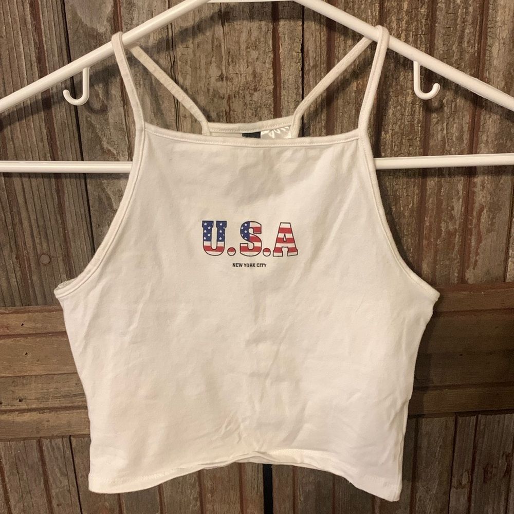Women’s Juniors Divided Halter Square Neck Crop USA Minimalist White Tank Top